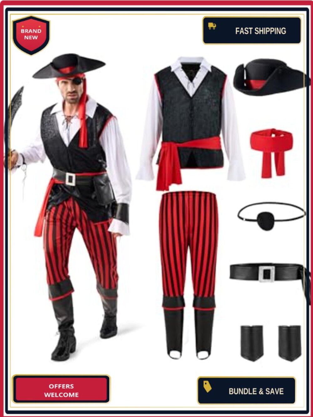Pirate Costume Men Deluxe Halloween Swashbuckler Polyester Cosplay